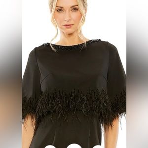 Mac Duggal blk frml dress sz16 ss w/blk feather trim&bod blk beadneck worn 1 NYE